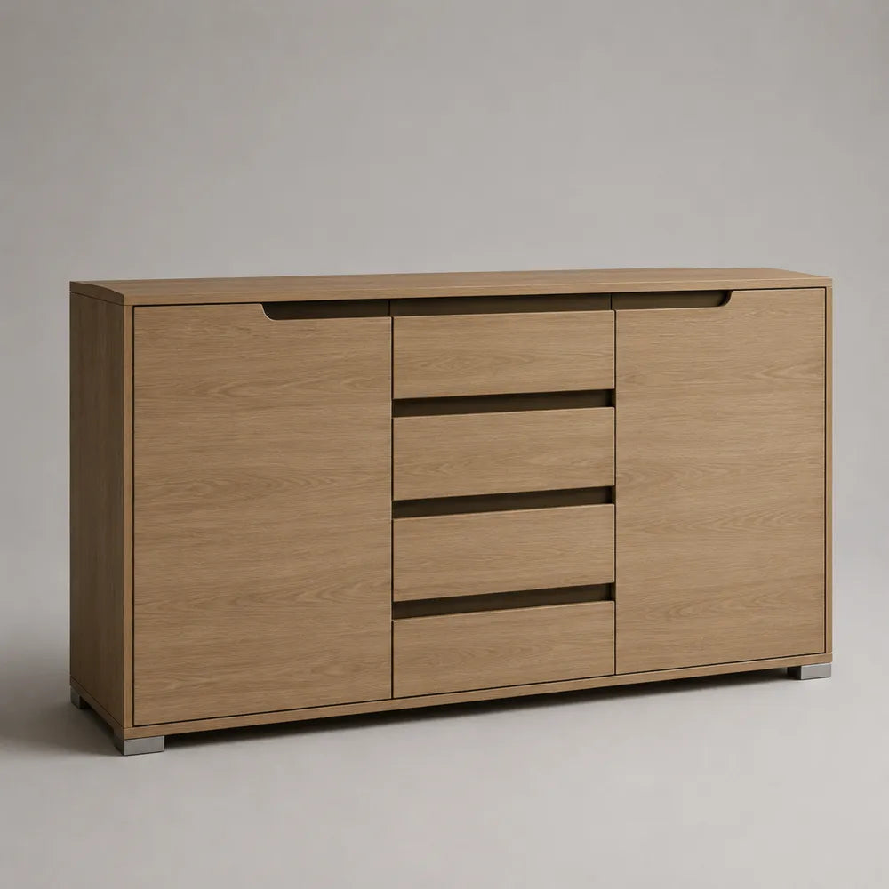 Credenza bassa da soggiorno in legno effetto rovere chiaro con 2 ante e 4 cassetti 160x40x80 cm gambe in metallo grigio