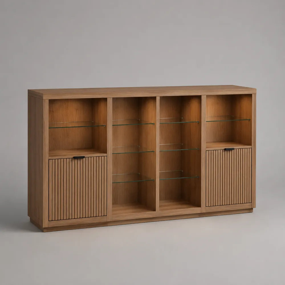 Credenza in MDF effetto rovere chiaro con ante scanalate e ripiani in vetro temperato 180 cm x 40 cm x 85 cm rovere chiaro nero