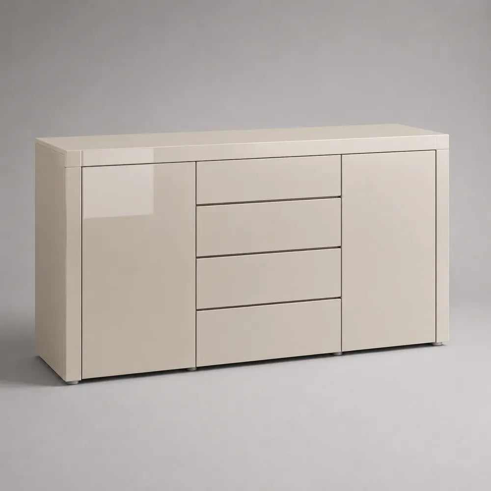 Credenza in MDF laccato lucido beige chiaro con 2 ante e 4 cassetti 160 cm x 40 cm x 80 cm beige chiaro