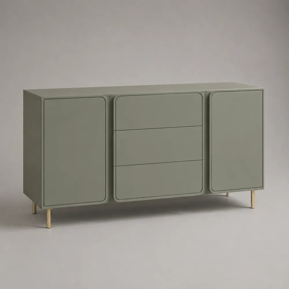 Credenza soggiorno in MDF laccato verde salvia con 2 ante e 3 cassetti e gambe in metallo oro 160x40x80 cm