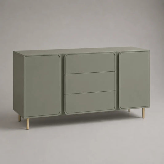 Credenza soggiorno in MDF laccato verde salvia con 2 ante e 3 cassetti e gambe in metallo oro 160x40x80 cm