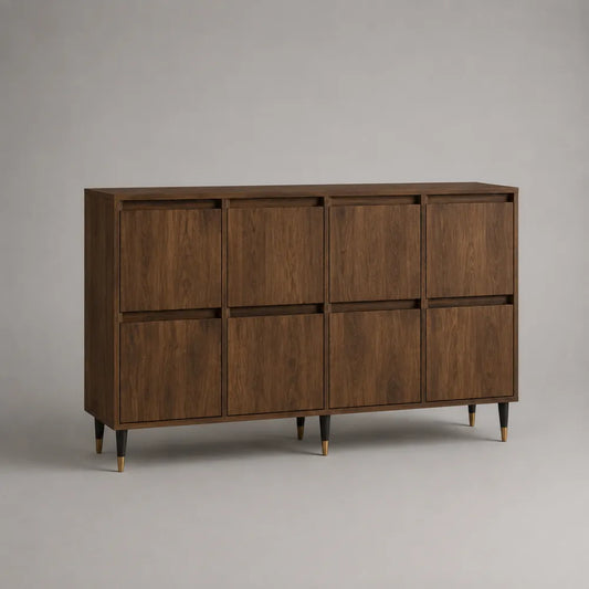 Credenza in MDF effetto noce con 8 ante e piedini in metallo nero con dettagli oro 160 cm x 40 cm x 85 cm noce nero oro