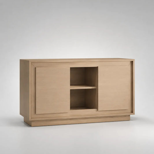 Credenza bassa in MDF impiallacciato rovere chiaro con 2 ante scorrevoli e vano a giorno centrale 140 x 40 x 80 cm