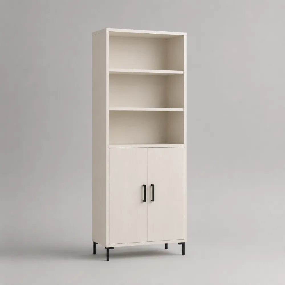 Credenza alta in truciolare melaminico bianco crema con 2 ante inferiori e 3 ripiani a giorno 70 x 35 x 180 cm con gambe in metallo nero