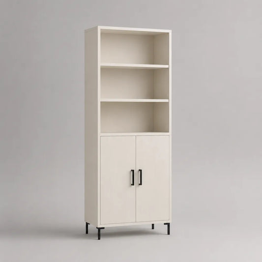Credenza alta in truciolare melaminico bianco crema con 2 ante inferiori e 3 ripiani a giorno 70 x 35 x 180 cm con gambe in metallo nero