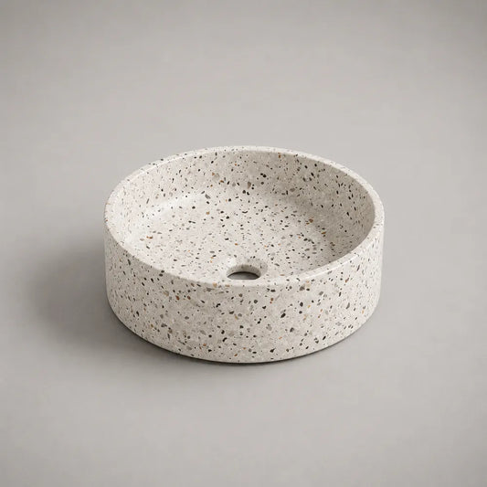 Lavabo da appoggio rotondo in terrazzo cementizio bianco puntinato diametro 40 cm altezza 14 cm