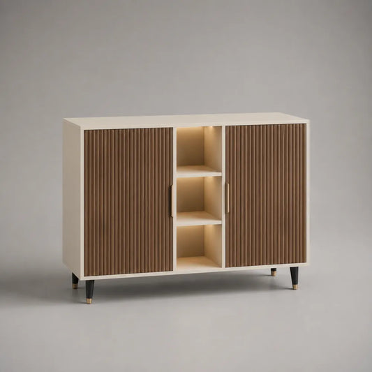 Credenza bassa da soggiorno in MDF con 2 ante e vani a giorno illuminati 140x40x85 cm marrone noce e crema