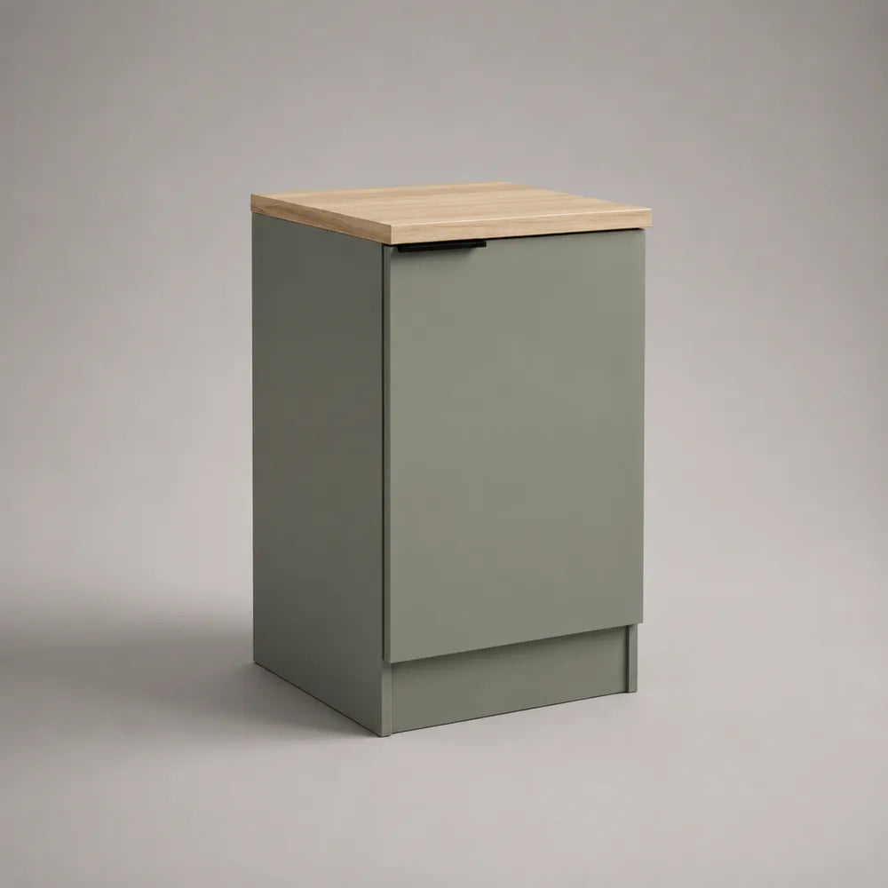 Base cucina a un’anta in MDF melaminico verde grigio con piano effetto rovere 50x40x85 cm