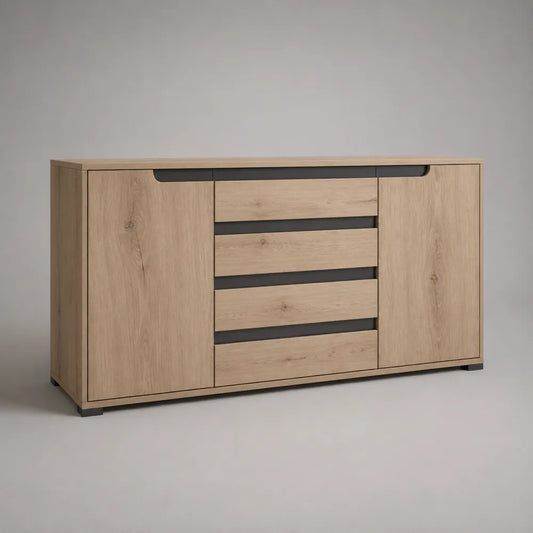 Credenza bassa in truciolare effetto rovere naturale con 2 ante e 4 cassetti centrali struttura rettangolare 160 x 40 x 82 cm con gambe in metallo nero
