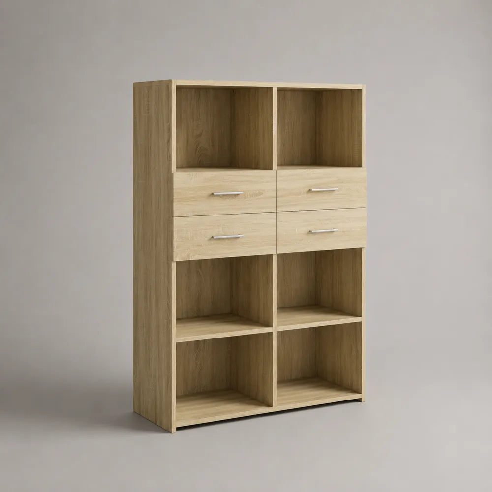 Credenza alta in truciolare melaminico rovere naturale con 2 cassetti e vani a giorno struttura rettangolare 90 x 35 x 140 cm