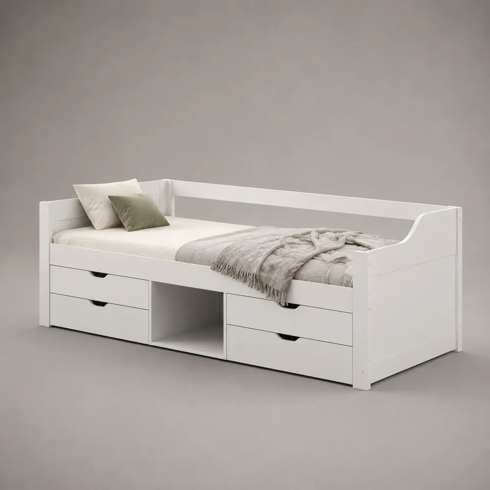 Letto singolo 90x200 cm struttura in MDF bianco con cassetti contenitore e vano centrale aperto rete a doghe
