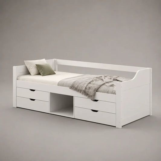 Letto singolo 90x200 cm struttura in MDF bianco con cassetti contenitore e vano centrale aperto rete a doghe