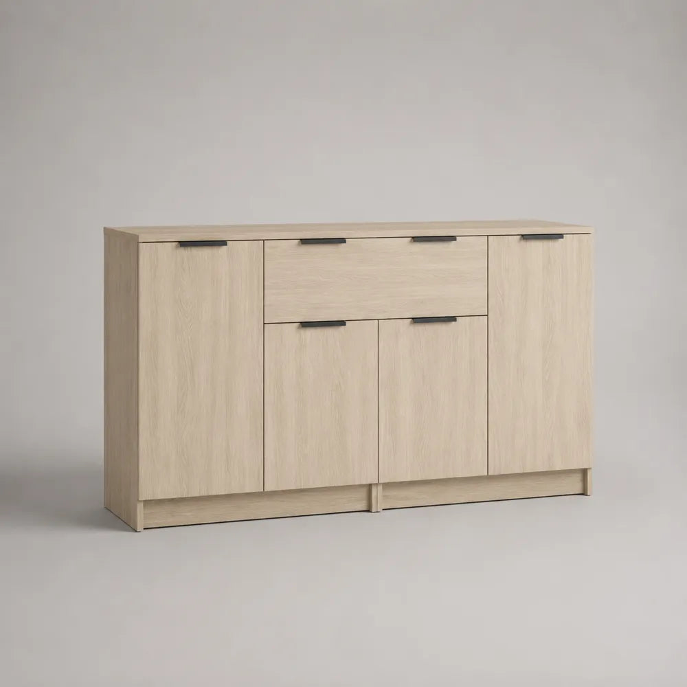 Credenza bassa in truciolare effetto rovere chiaro con 4 ante e 1 cassetto struttura rettangolare 140 x 40 x 80 cm