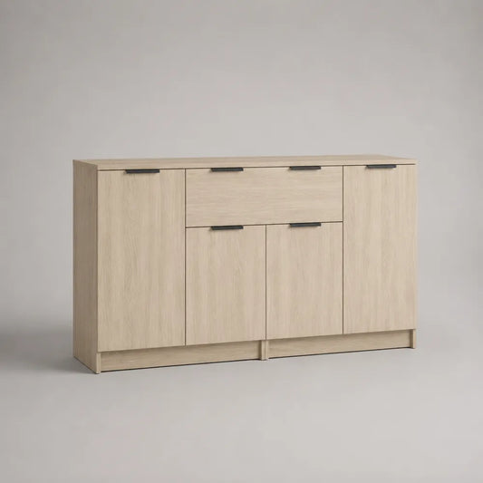 Credenza bassa in truciolare effetto rovere chiaro con 4 ante e 1 cassetto struttura rettangolare 140 x 40 x 80 cm