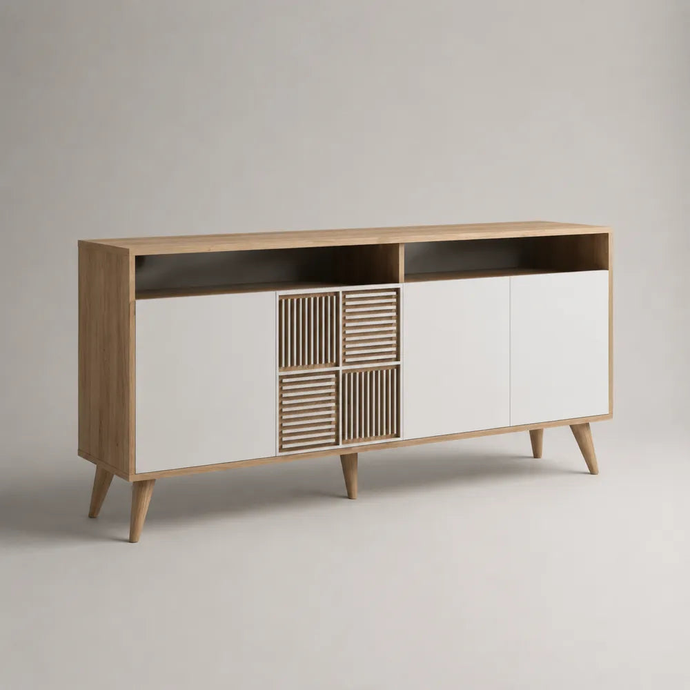 Credenza in MDF effetto rovere naturale e bianco opaco con vani a giorno e ante 180 cm x 40 cm x 85 cm rovere naturale bianco