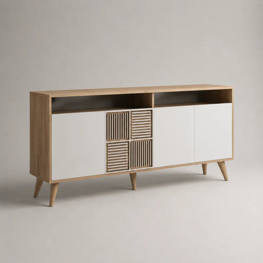 Credenza in MDF effetto rovere naturale e bianco opaco con vani a giorno e ante 180 cm x 40 cm x 85 cm rovere naturale bianco