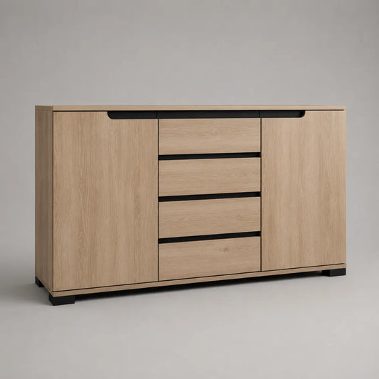 Credenza bassa in MDF effetto rovere chiaro con 4 cassetti centrali e 2 ante laterali 160 x 40 x 80 cm con base nera