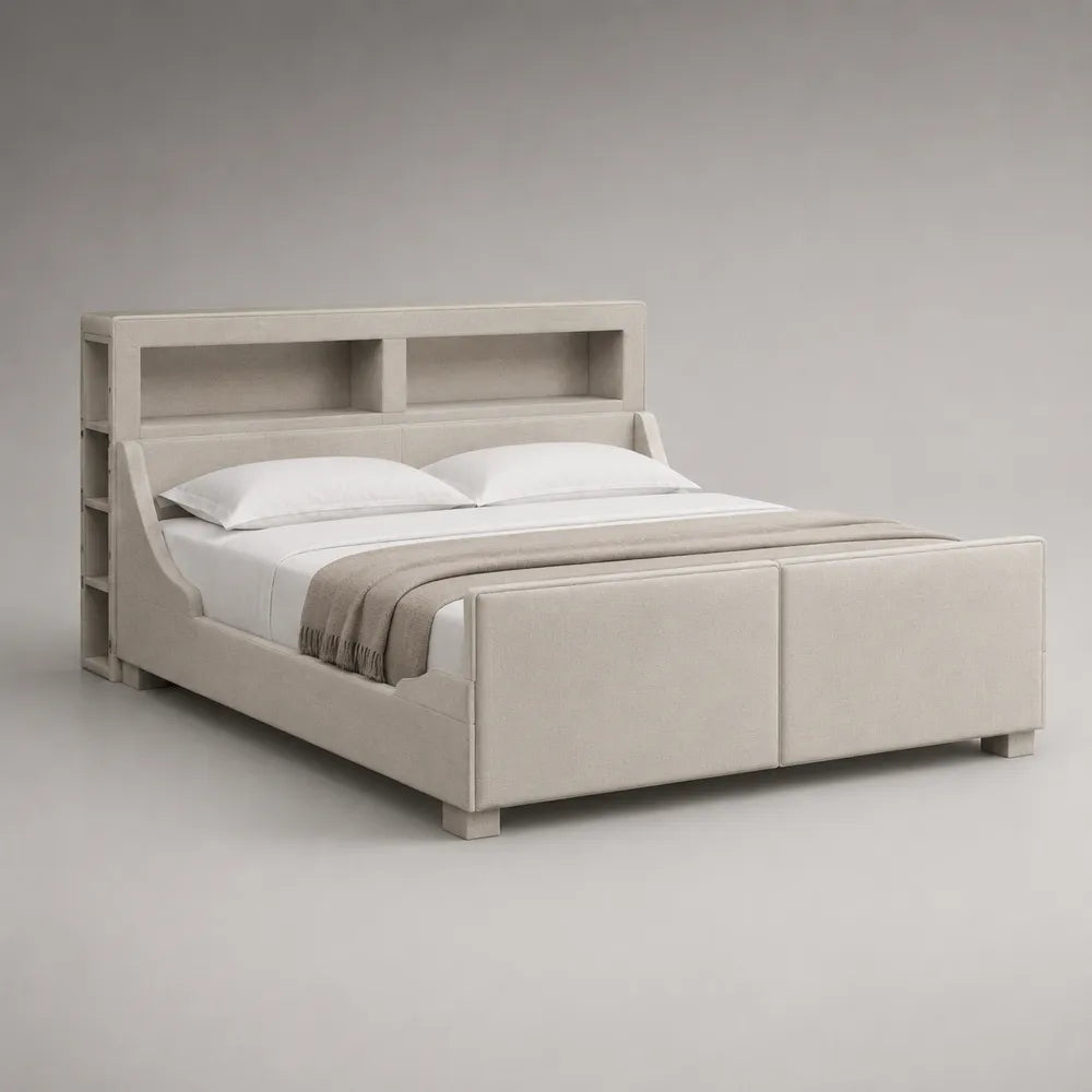 Letto matrimoniale 160 x 200 cm imbottito in tessuto poliestere effetto lino beige con testiera a ripiani integrati struttura rettangolare beige 175 x 220 x 110 cm