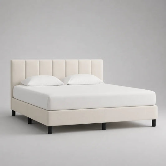 Letto matrimoniale 160x200 cm imbottito in tessuto poliestere beige con testiera a pannelli verticali struttura a piattaforma gambe nere
