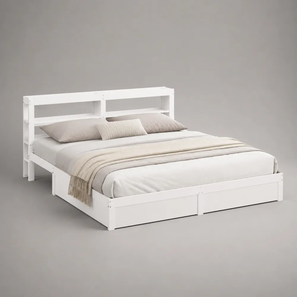 Letto matrimoniale 160x200 cm in MDF bianco con cassetti frontali e testiera con ripiani integrati struttura a piattaforma