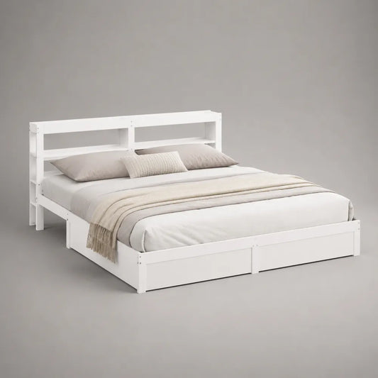 Letto matrimoniale 160x200 cm in MDF bianco con cassetti frontali e testiera con ripiani integrati struttura a piattaforma