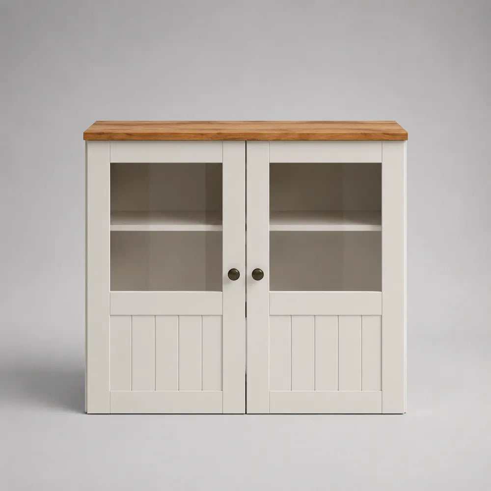 Credenza cucina con ante in vetro e legno bianco e rovere pannello truciolare melaminico vetro temperato 120 cm x 40 cm x 85 cm ripiani interni maniglie in metallo