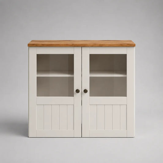 Credenza cucina con ante in vetro e legno bianco e rovere pannello truciolare melaminico vetro temperato 120 cm x 40 cm x 85 cm ripiani interni maniglie in metallo