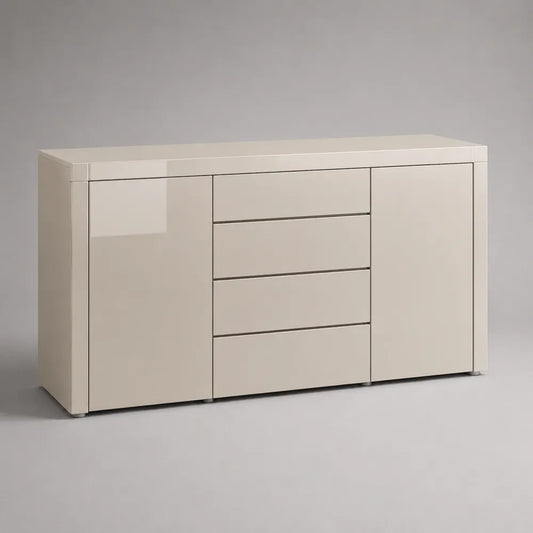 Credenza in MDF laccato lucido beige chiaro con 2 ante e 4 cassetti 160 cm x 40 cm x 80 cm beige chiaro