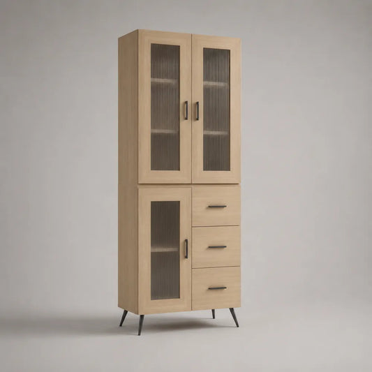 Credenza vetrina alta in MDF e vetro rigato rovere chiaro struttura rettangolare 80 cm x 40 cm x 180 cm con ante e cassetti e gambe in metallo nero