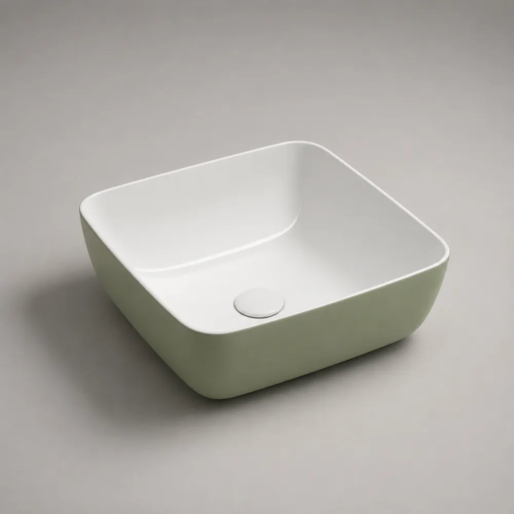 Lavabo da appoggio quadrato con angoli arrotondati in ceramica smaltata verde e bianco 40 x 40 x 15 cm